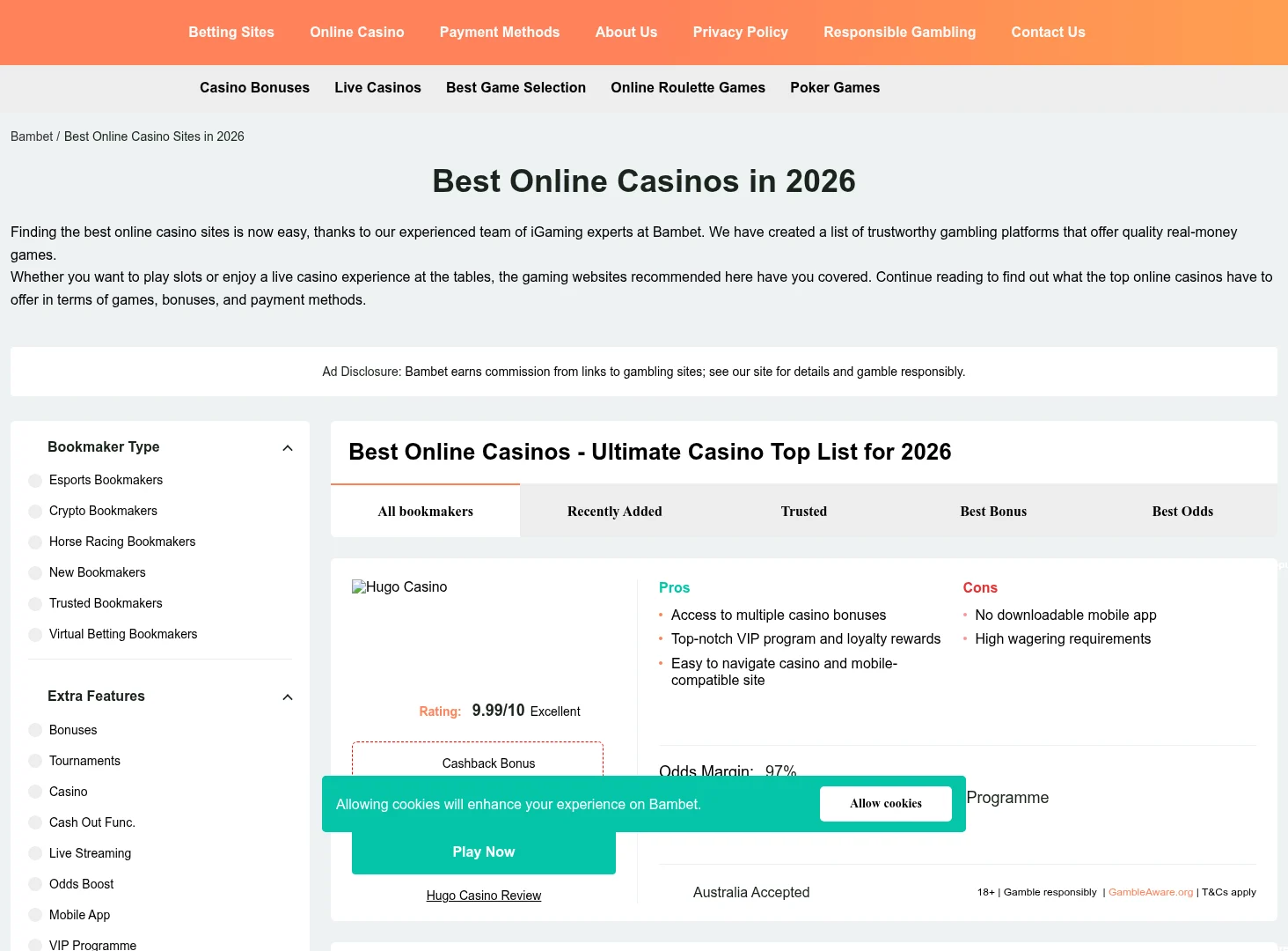 Bambet Casino desktop site