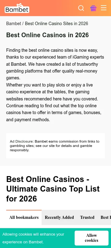 Bambet Casino mobile browser site on a smartphone